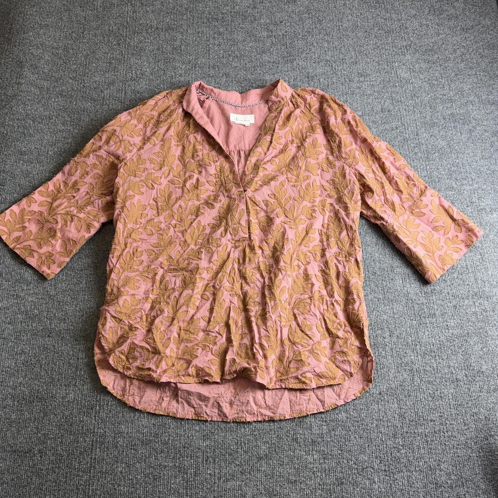 Anthropologie Blouse Womens Large Pink Embroidered Floral 3/4 Sleeve Tunic Top